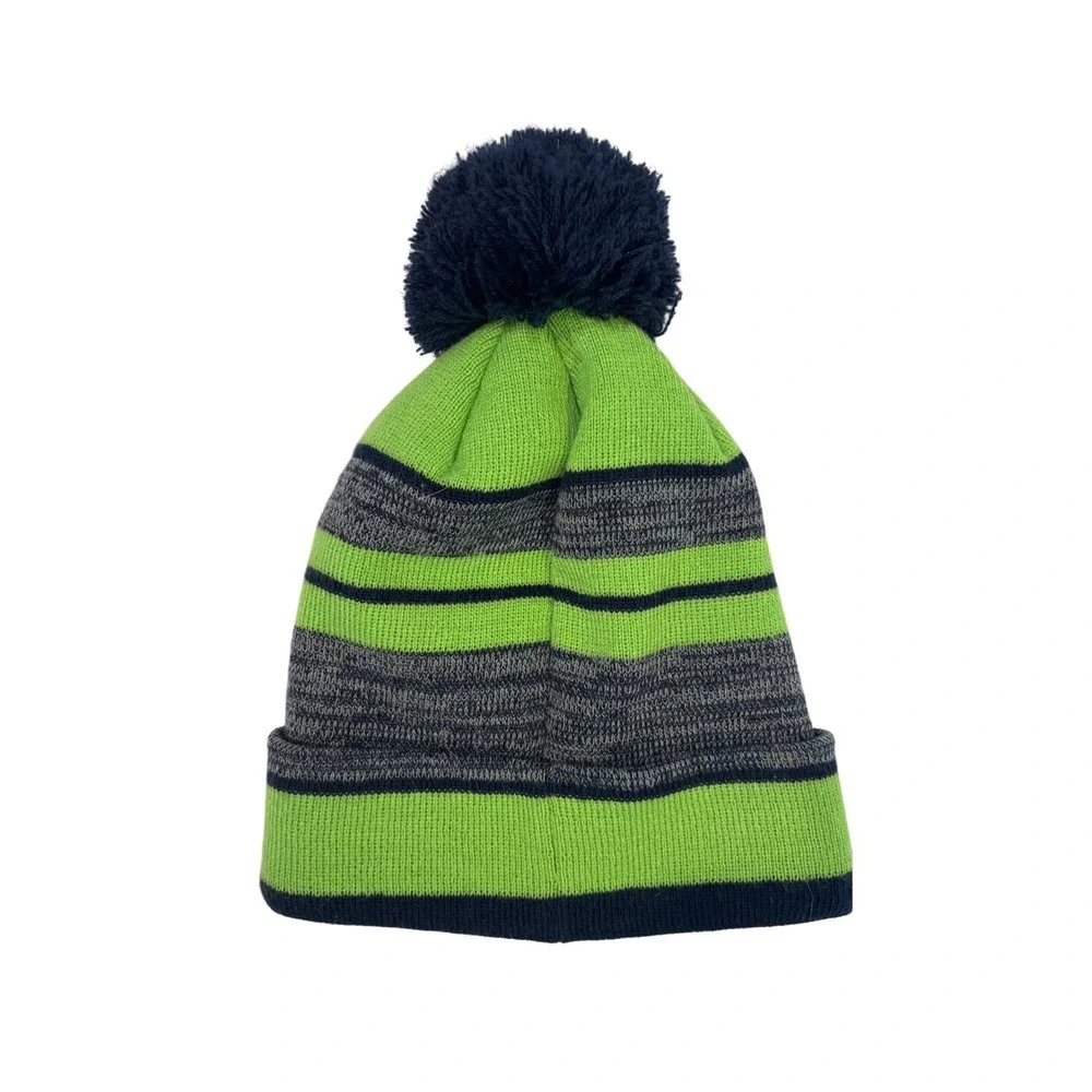 Seattle Seahawks Knit Pom Beanie Green Gray Striped‎ NFL Logo Cuff Winter Hat